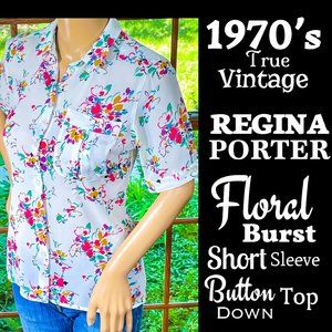 ▪️VTG▪️REGINA PORTER▪️1970's Floral Burst Collared Short Sleeve Button Down Top